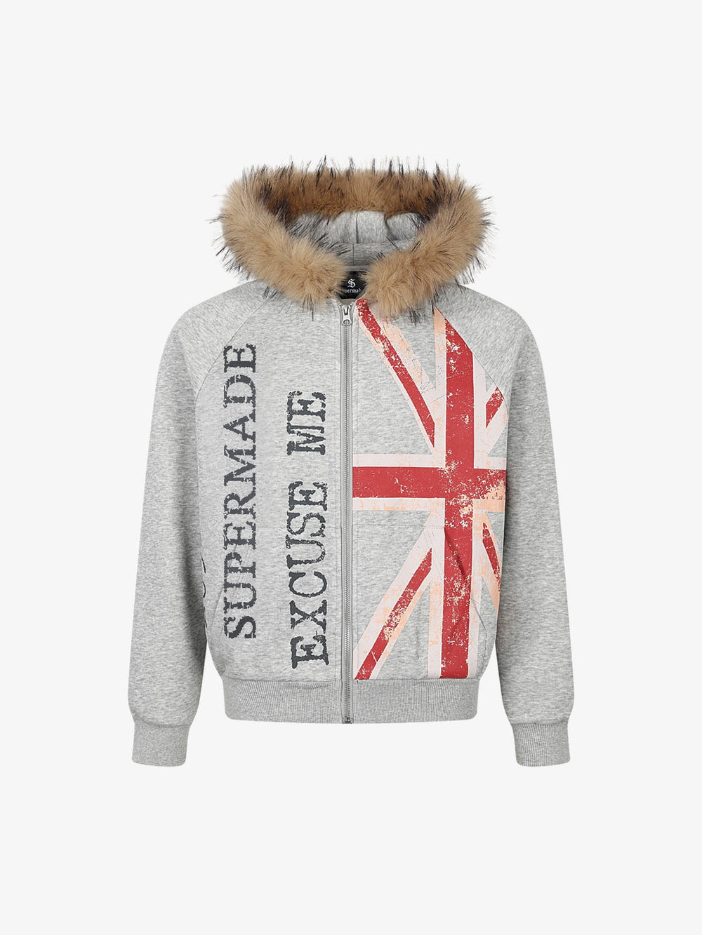 Pelzkapuzenjacke mit Union-Jack-Motiv