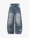 Distressed Patchwork Barrel Baggy Jeans
