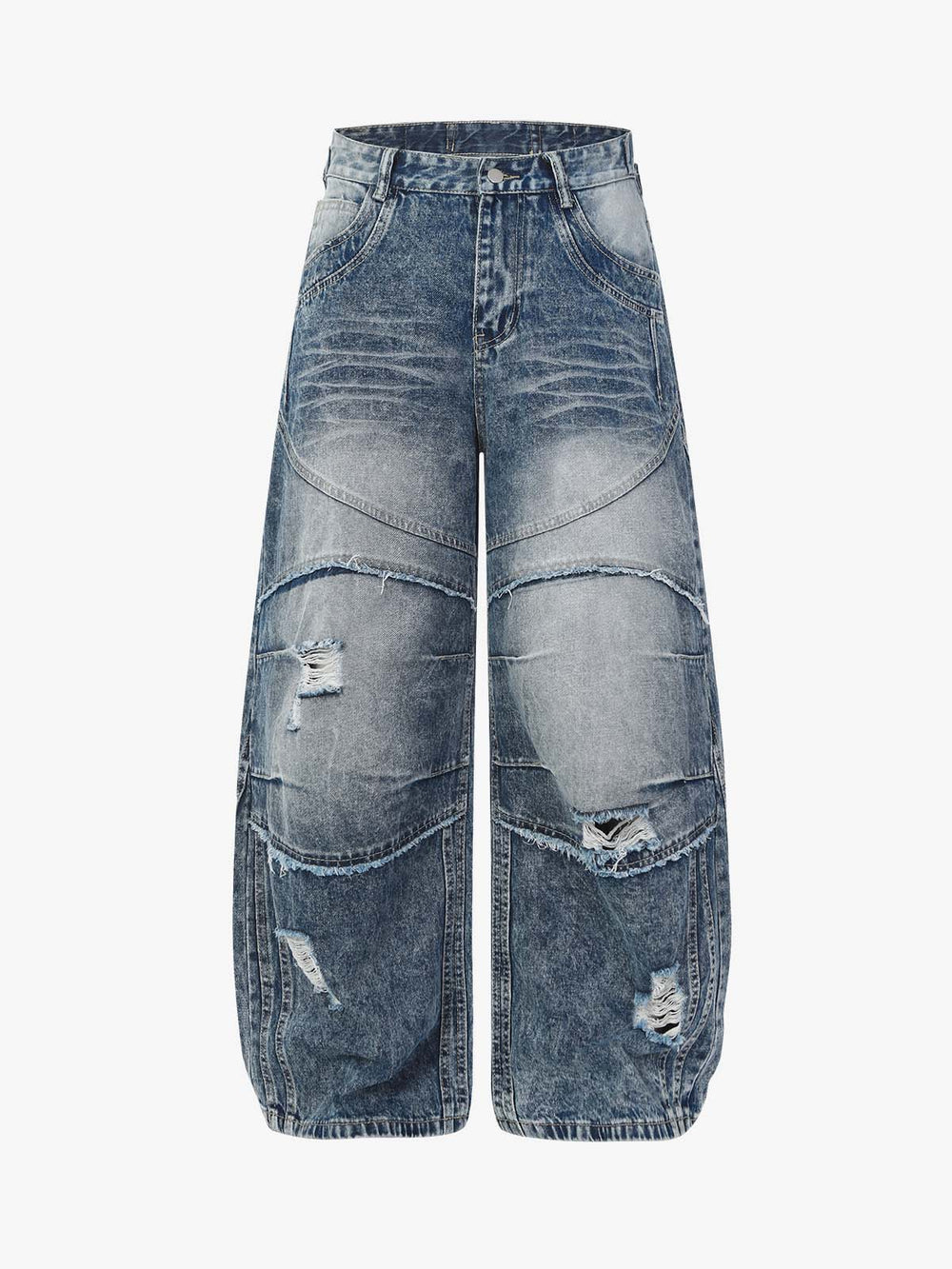 Distressed Patchwork Barrel Baggy Jeans