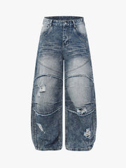 Distressed Patchwork Barrel Baggy Jeans