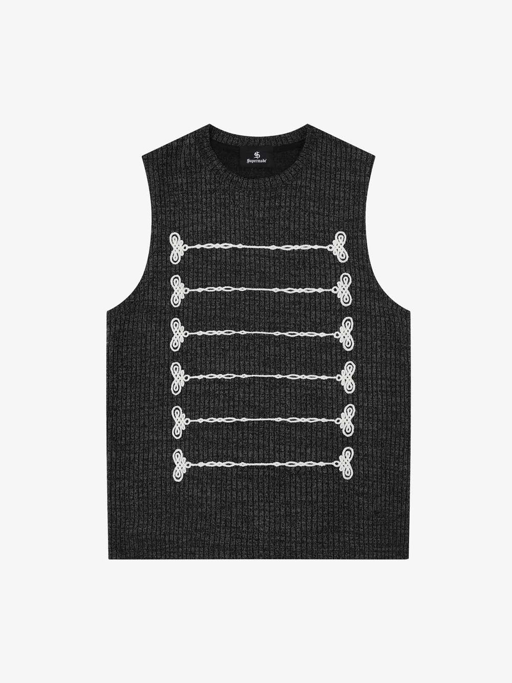 Gilet nero in maglia senza maniche con chiusura a rana a contrasto.