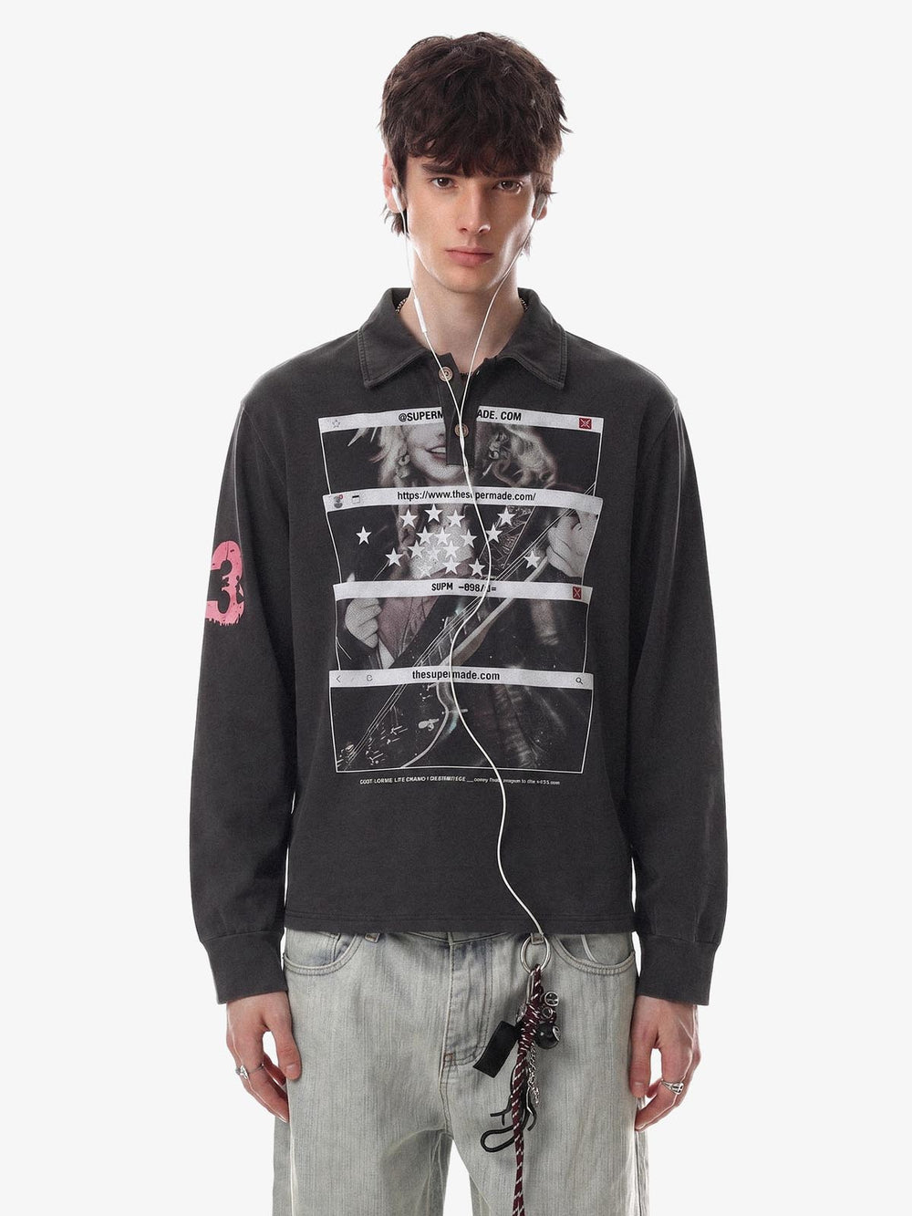 Distressed Graphic Washed Long Sleeve Polo