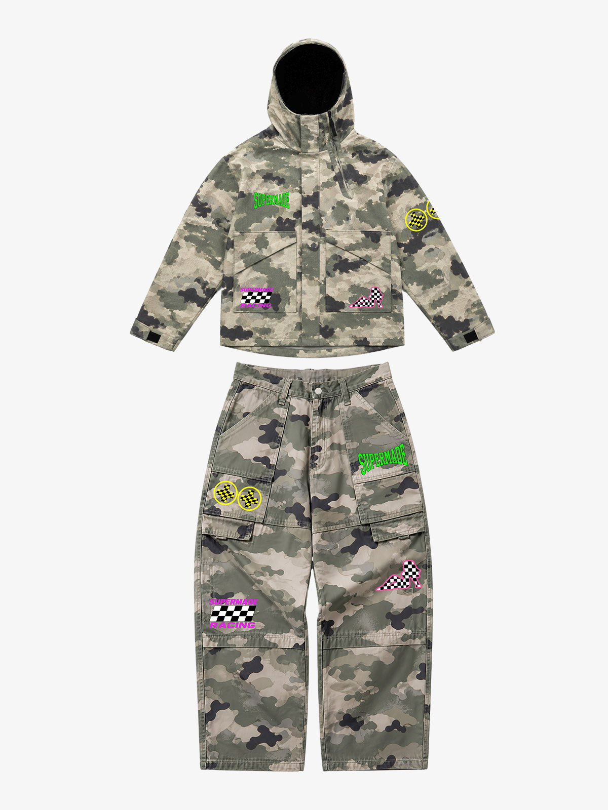 Camo Graphic Patch Hooded Jacket & Cargo Pants Set