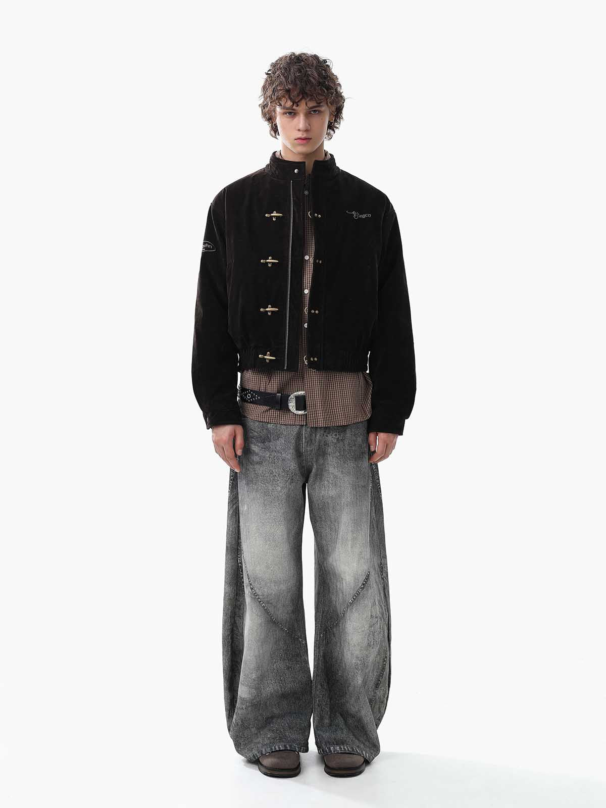 Vintage Suede Embroidered Toggle-Buckle Stand Collar Down Jacket 