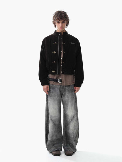 Vintage Suede Embroidered Toggle-Buckle Stand Collar Down Jacket 