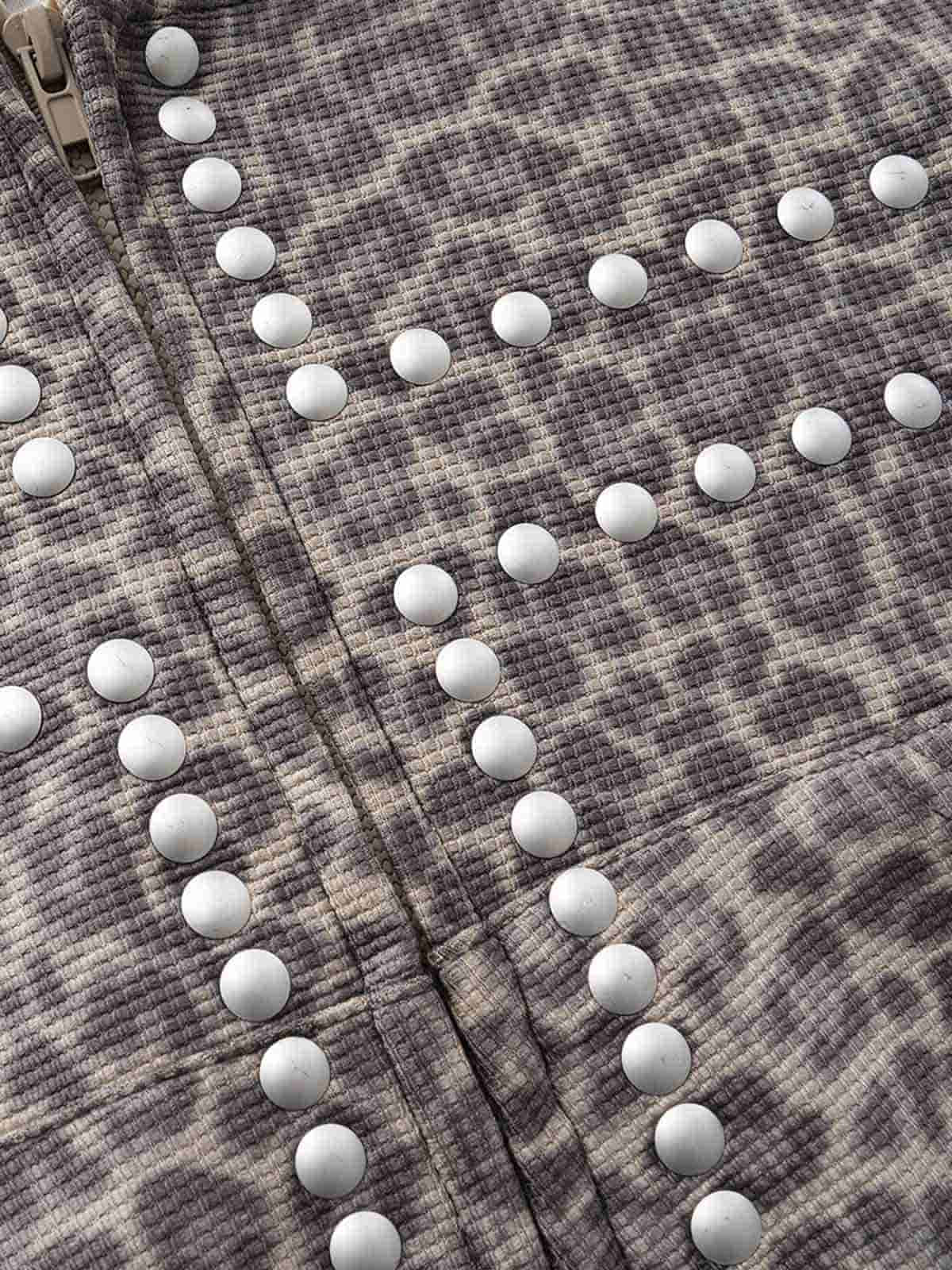Leopard Print Stud Detail Cropped Zip-Up Hoodie
