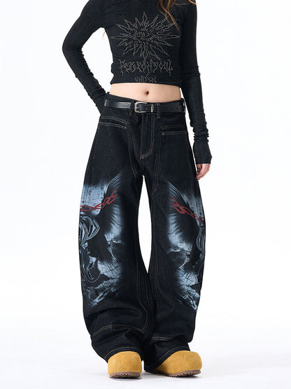 Dark Gothic Graphic Wide-Leg Jeans 