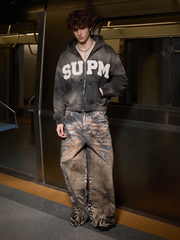 Embroidered Ripped Washed Distressed Zip Hoodie