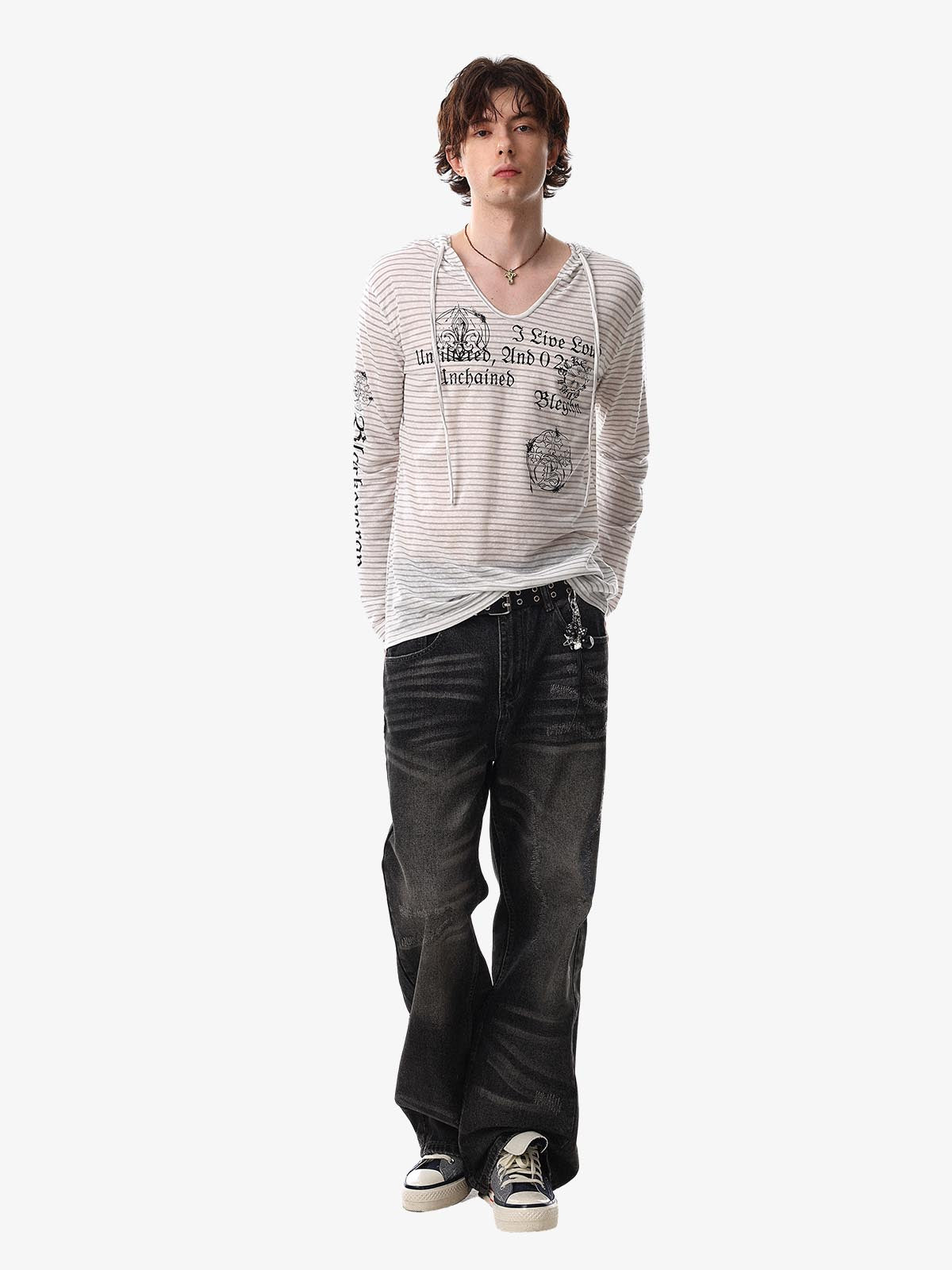 Graphic Print and V-Neck Striped Long Sleeve Hooded T-Shirt