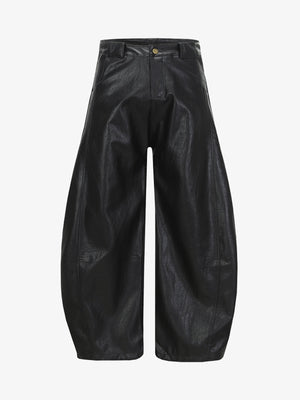 Vintage Pleated PU Leather Barrel Pants 