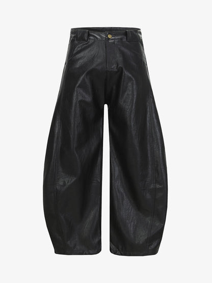 Vintage Pleated PU Leather Barrel Pants 