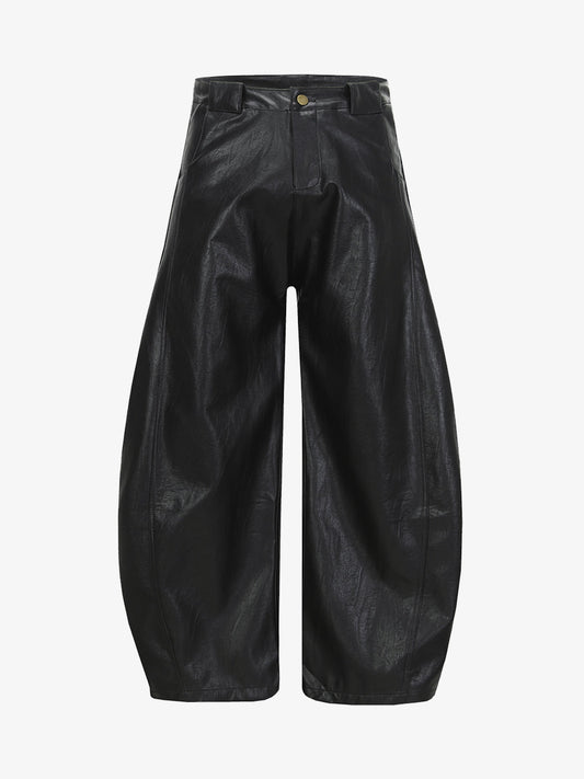 Vintage Pleated PU Leather Barrel Pants 