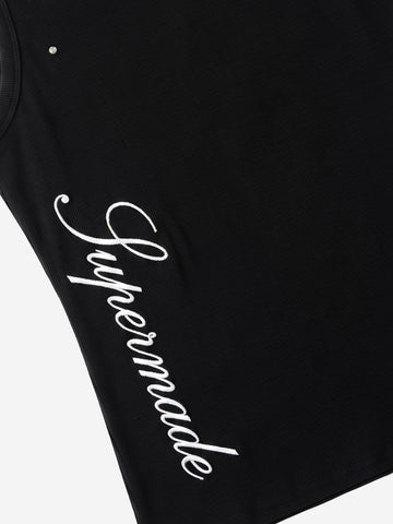 Stretch ribbed fabric punk y2k streetwear vest, adorned with metal buttonholes and letter embroidery.