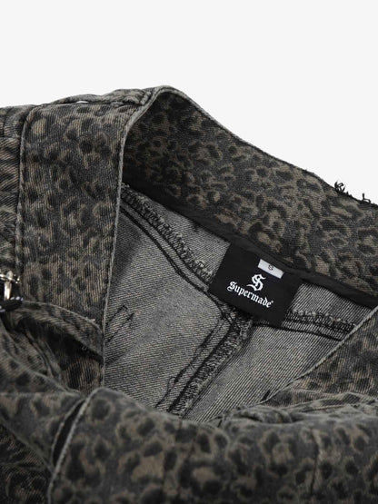 Cotton Leopard Print High-Waisted Wide-Leg Pants with Pleated Design and Decorative Tassel 