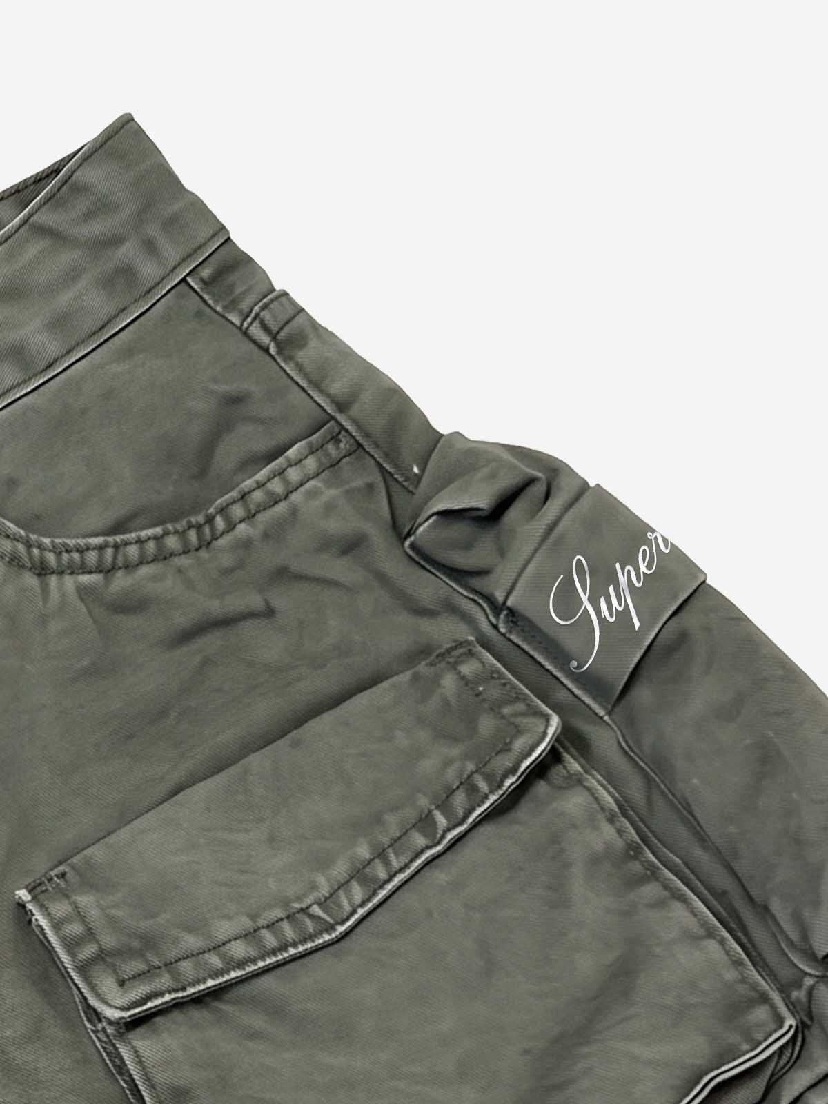 Embroidered Detail Olive Cargo Shorts