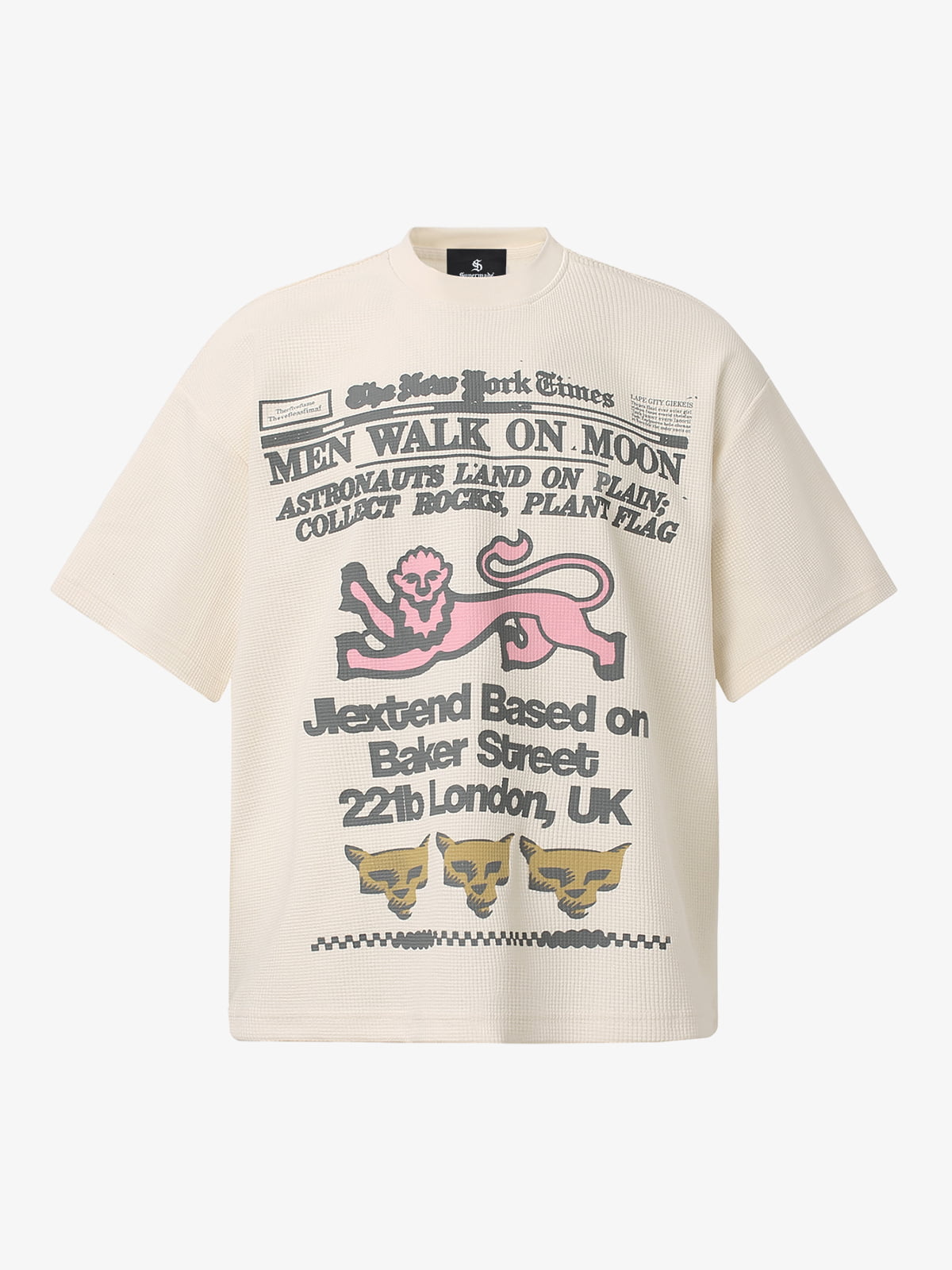 Cotton Waffle Knit Graphic T-Shirt with Moon Landing Print and Lion Design 