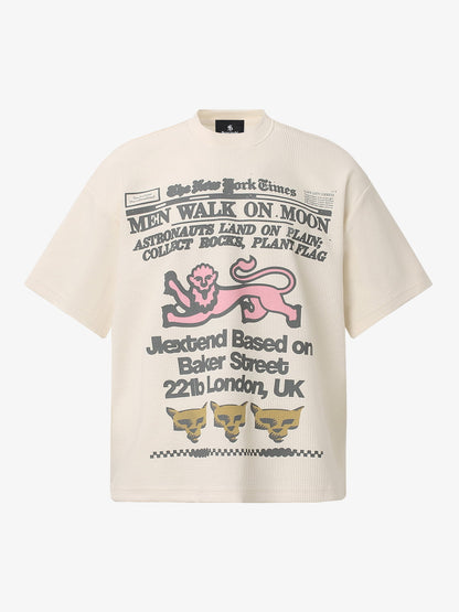 Cotton Waffle Knit Graphic T-Shirt with Moon Landing Print and Lion Design 