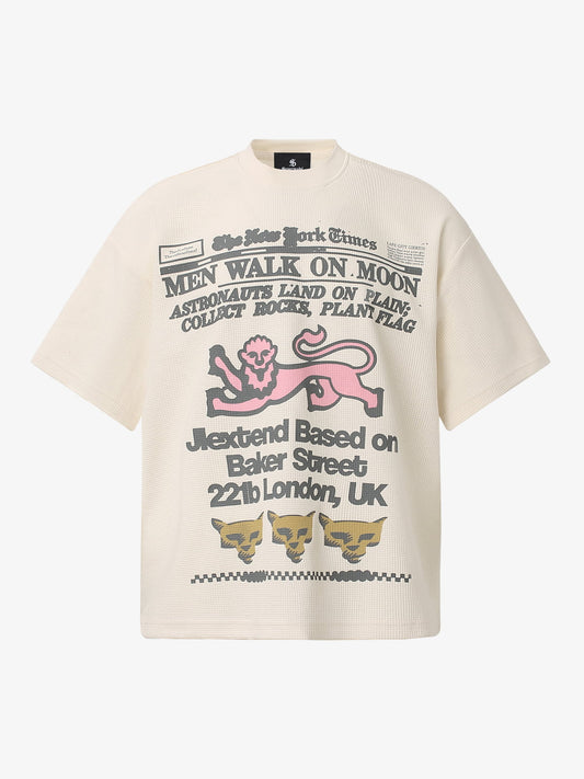 Cotton Waffle Knit Graphic T-Shirt with Moon Landing Print and Lion Design 