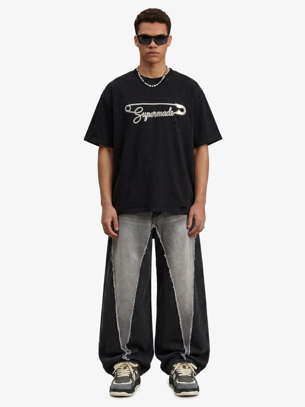 Distressed Safety Pin Cropped T-Shirt 