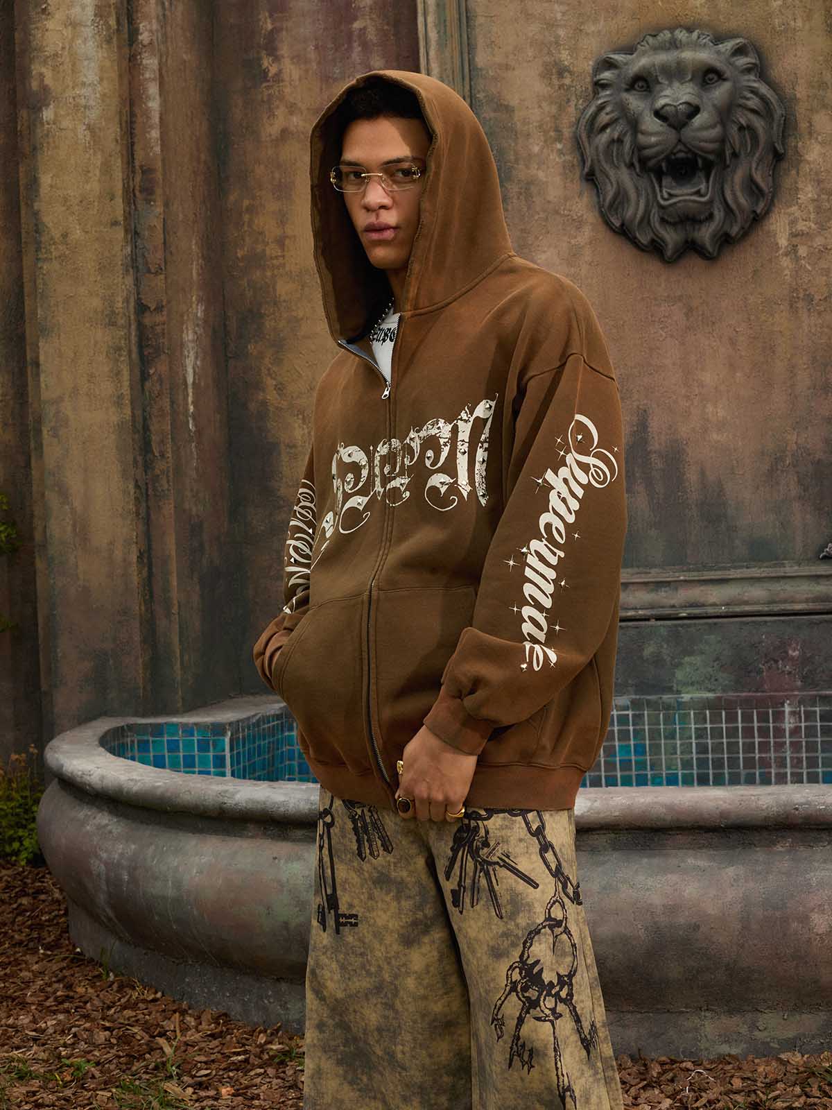 Supermade Vintage Distressed Studded Gothic Font Zipper Sweatshirt 