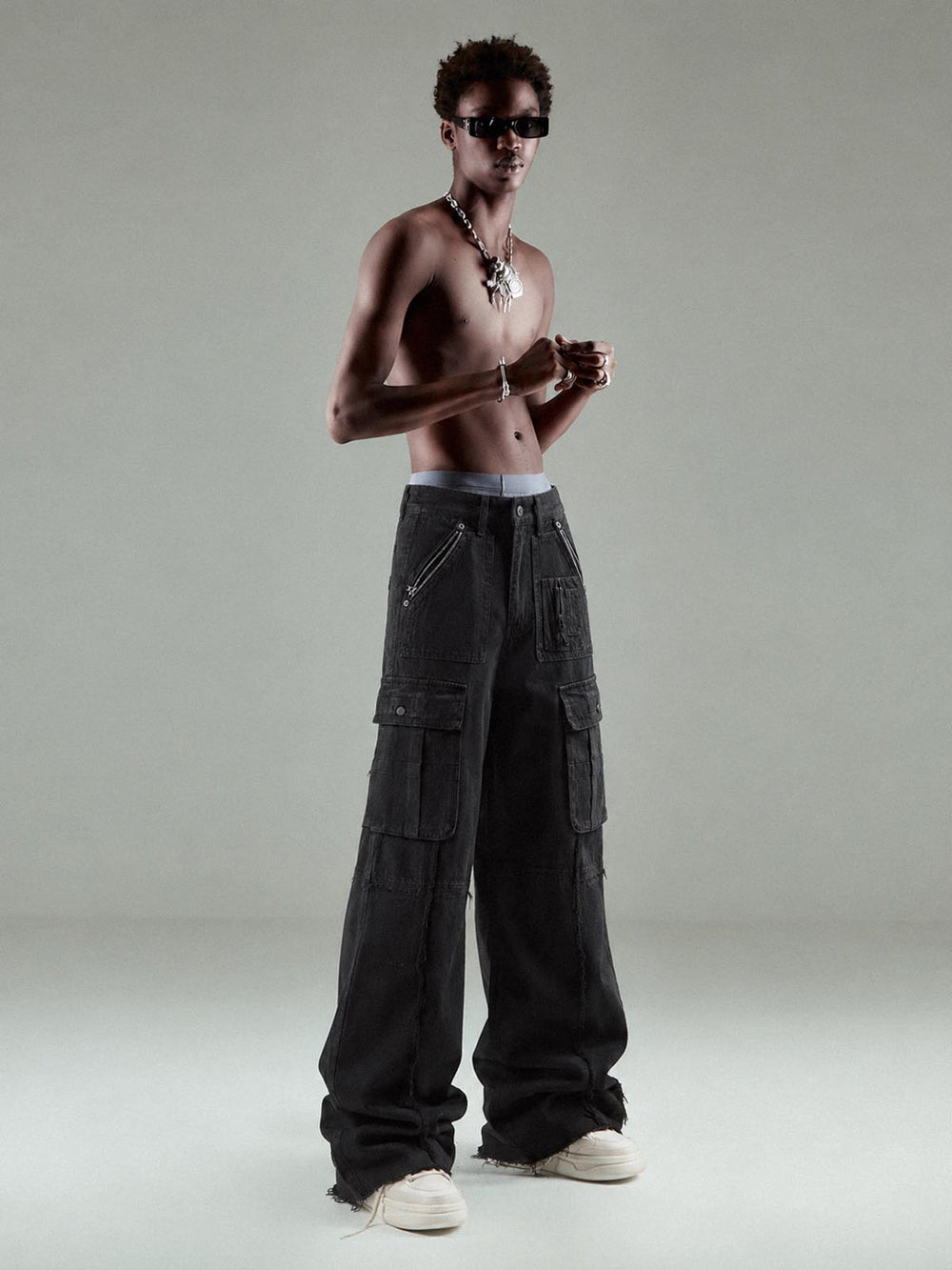 Cross Fringe Utility Denim Pants