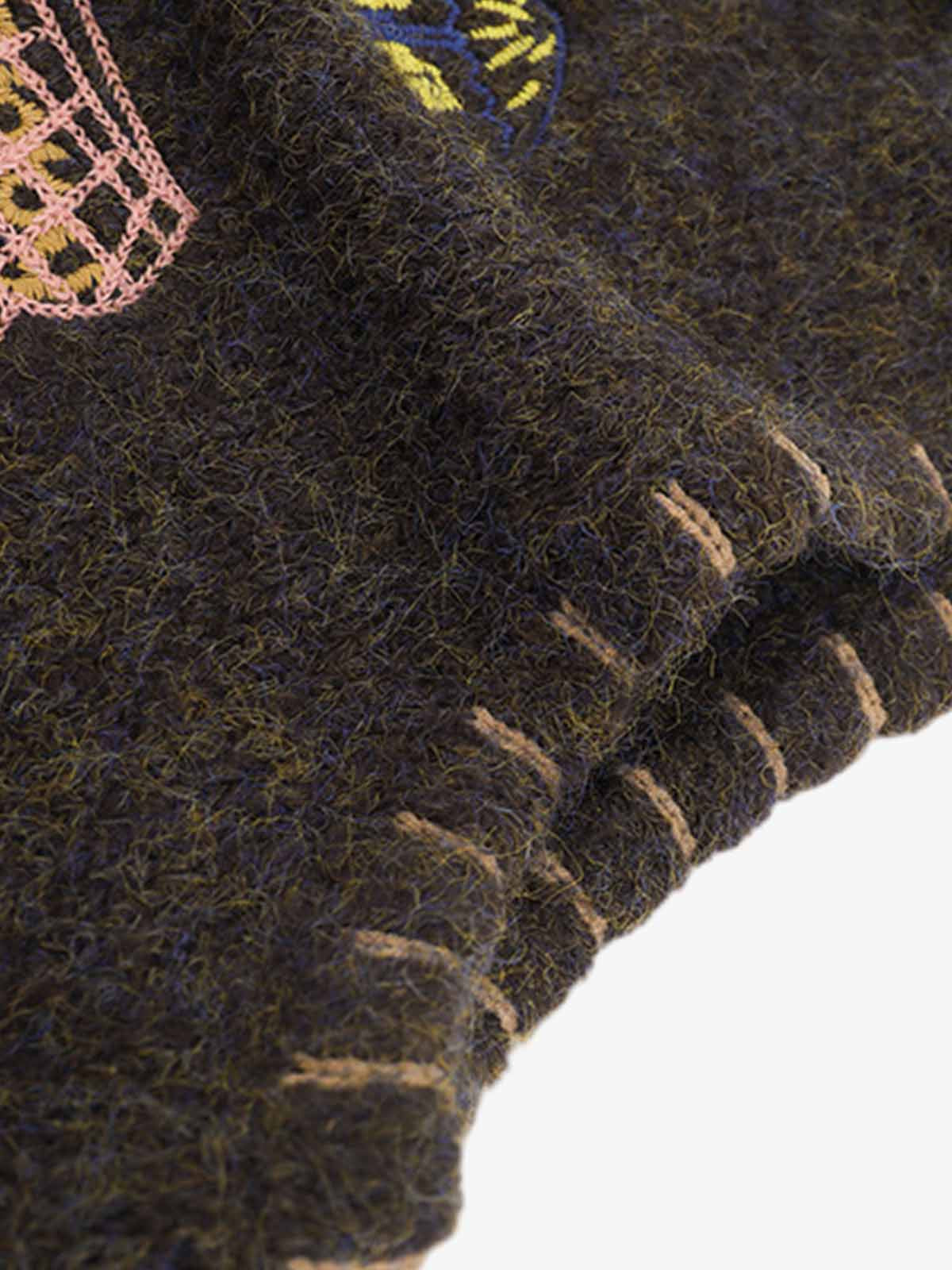 Wool Blend Embroidered Sleeveless Knit Vest with Whimsical Animal Motifs and Artistic Stitching Details 