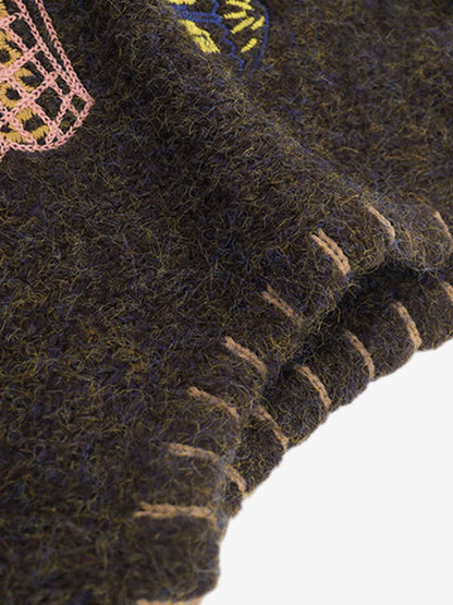 Wool Blend Embroidered Sleeveless Knit Vest with Whimsical Animal Motifs and Artistic Stitching Details 