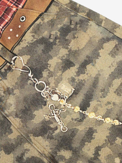 Layered Waist Camo Chain Detail Wide Leg Jeans