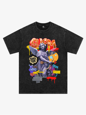 Angel statue and street graffiti mixed pattern T-shirt 