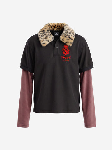 Leopard Fur-Collar Layered Distressed Long Sleeve Polo