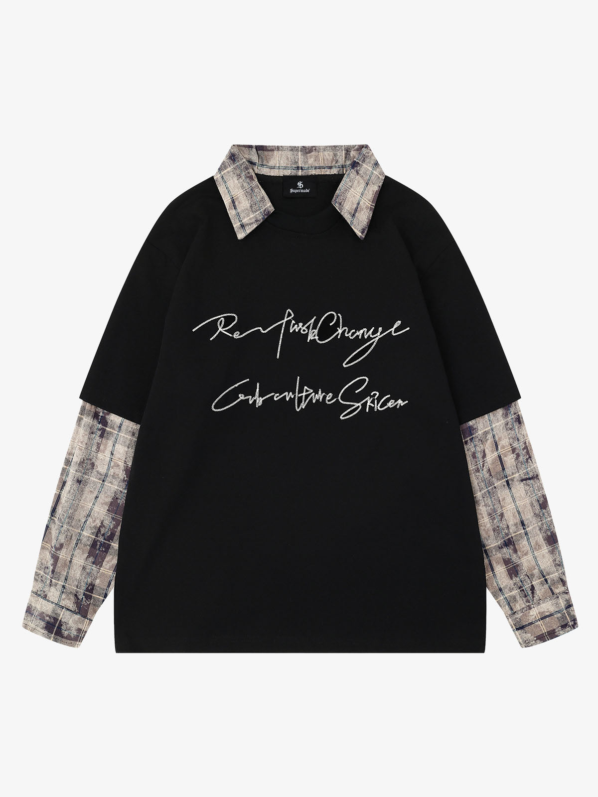 チェック柄パッチワークグラフィック長袖Tシャツ