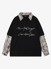 チェック柄パッチワークグラフィック長袖Tシャツ