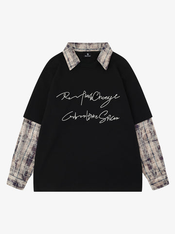 Plaid Patchwork Graphic Long Sleeve Tee