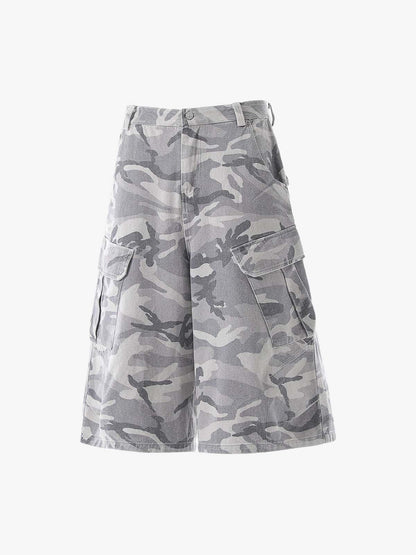 Vintage Washed Camouflage Machete Wide Leg Cargo Shorts 