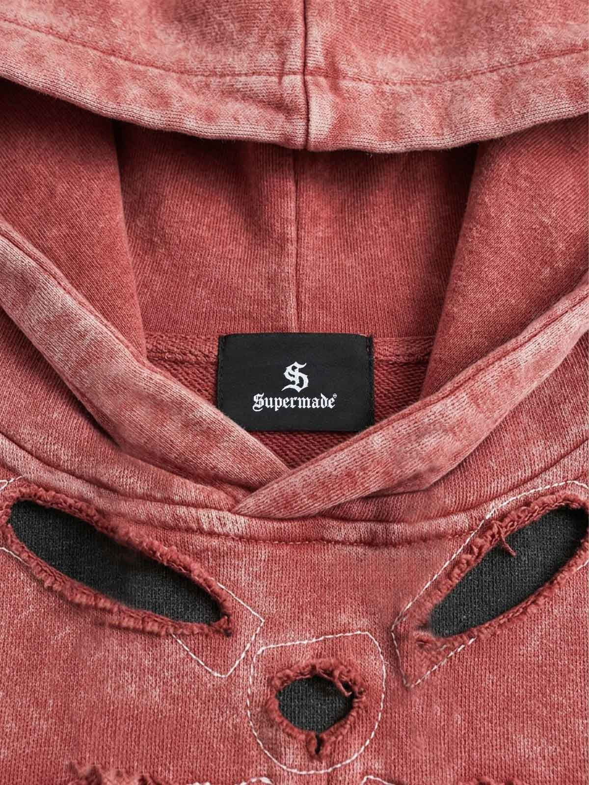 Skull Patchwork Distressed Washed Cropped Hoodie