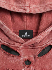 Skull Patchwork Distressed Washed Cropped Hoodie