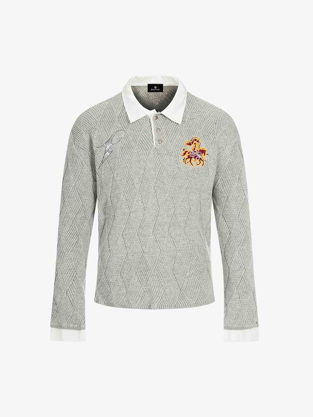 Retro Contrast Collar Embroidery Knit Sweater 