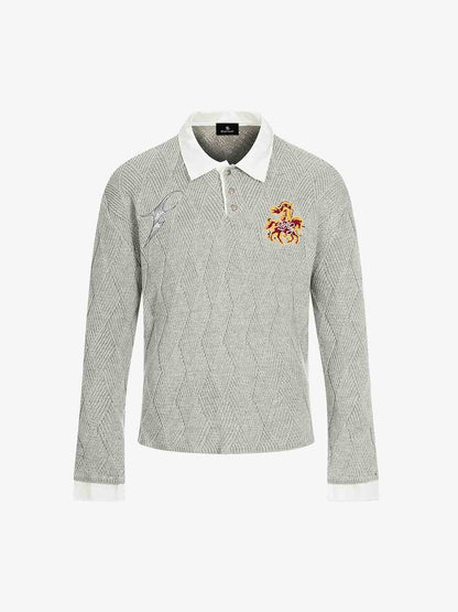 Retro Contrast Collar Embroidery Knit Sweater 