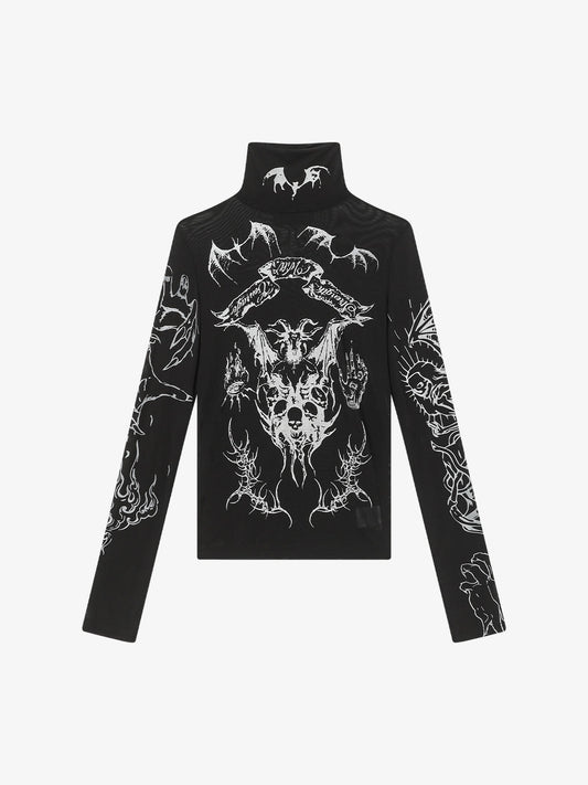Gothic Skull Print Turtleneck Tight Long Sleeve T-Shirt 