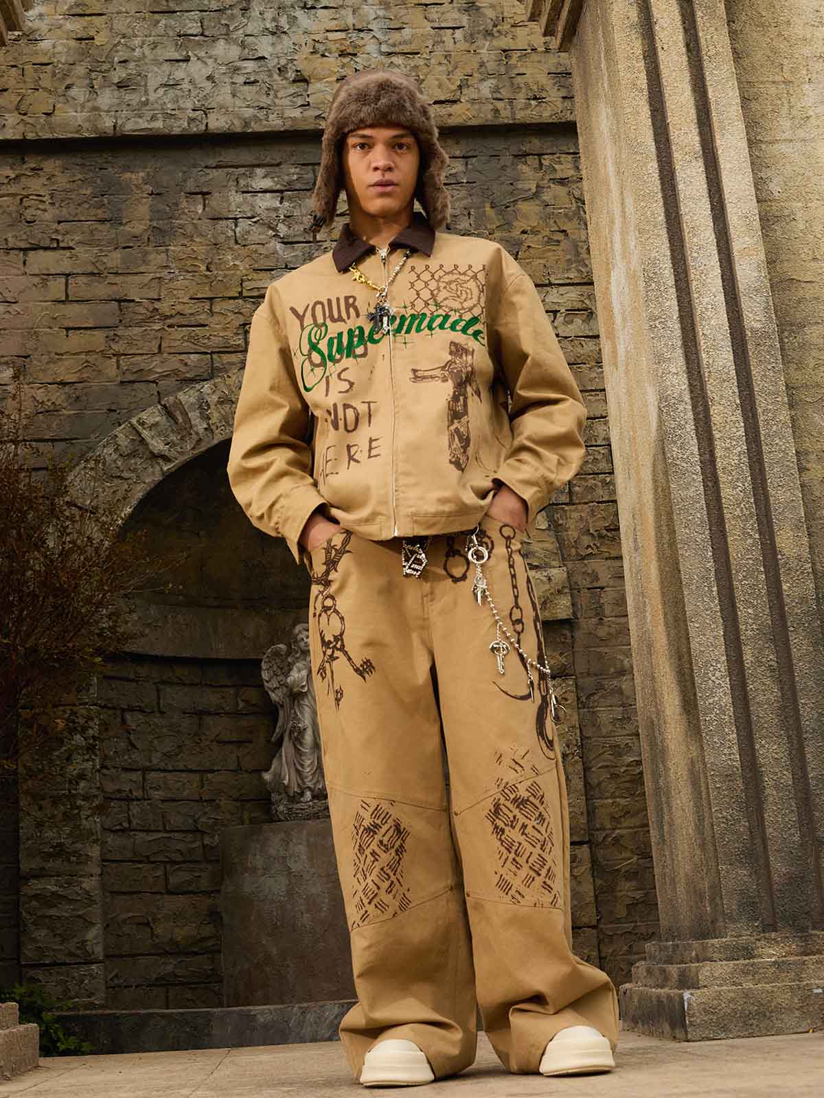 Supermade “Your God Is Not Here” Slogan Print Color-Blocked Embroidered Retro Canvas Set 