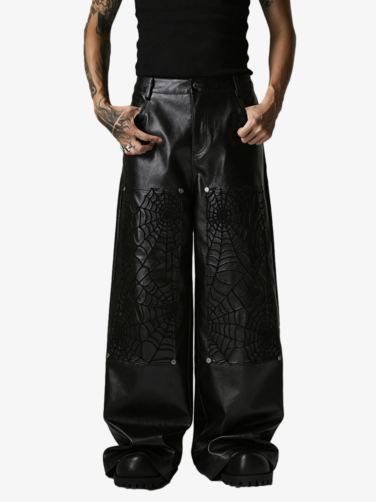 Faux Leather Wide Leg Pants with Spiderweb Embossed Pockets - Edgy Fashion Statement 