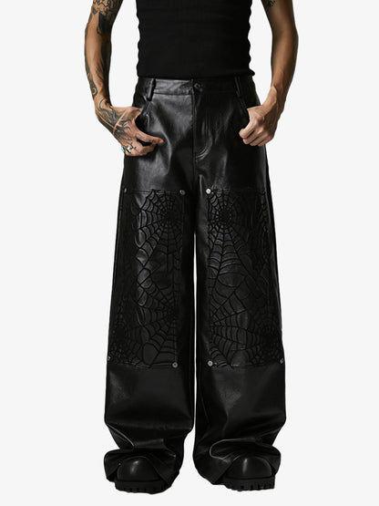 Faux Leather Wide Leg Pants with Spiderweb Embossed Pockets - Edgy Fashion Statement 