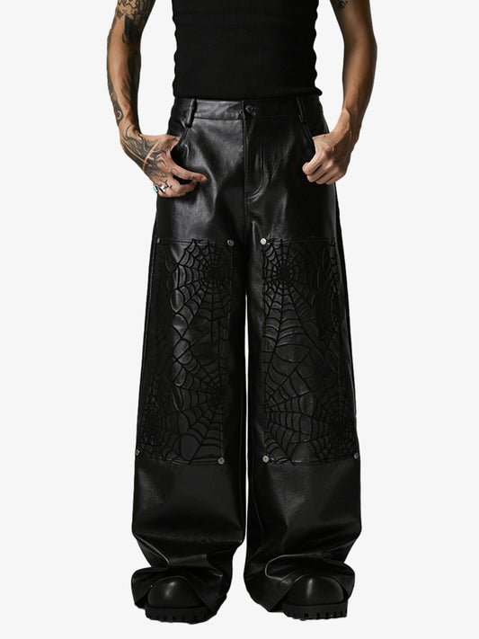 Faux Leather Wide Leg Pants with Spiderweb Embossed Pockets - Edgy Fashion Statement 