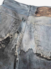 Distressed Patchwork Wide Leg Washed Denim Jeans 