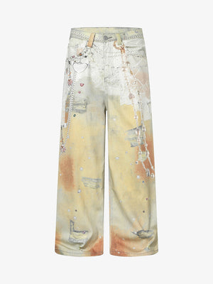 Embellished Wide-Leg Jeans with Unique Artistic Design for Fashion Lovers 