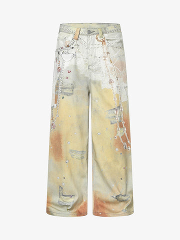 Street Tie-Dye Distressed Chain Detail 3D Printed Jeans 