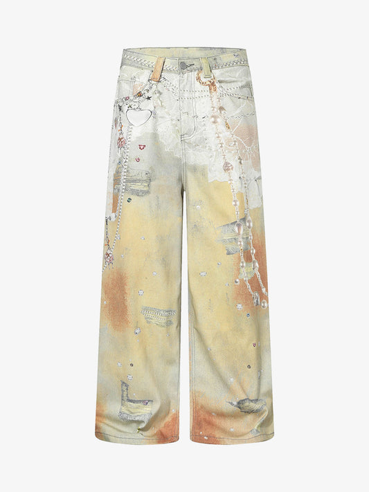 Embellished Wide-Leg Jeans with Unique Artistic Design for Fashion Lovers 