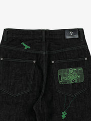 Green Soldier Embroidered Raw-Denim Banana Jeans