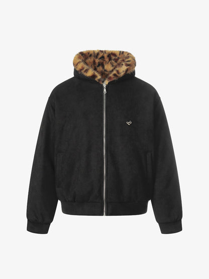 Leopard Print Hooded Jacket with Faux Fur Trim for Men - Trendy Winter Fashion 