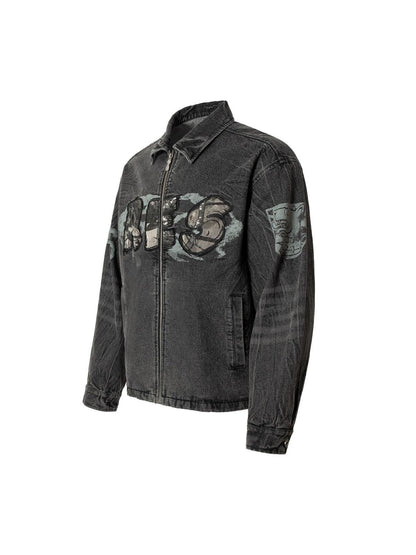 Wasteland Embroidered Print Rivet Denim Jacket 